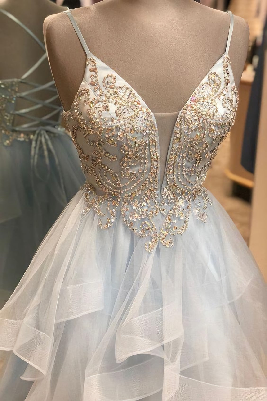 Wedding Decor, A Line Spaghetti Straps Light Sky Blue Short Homecoming Dress, With Beading