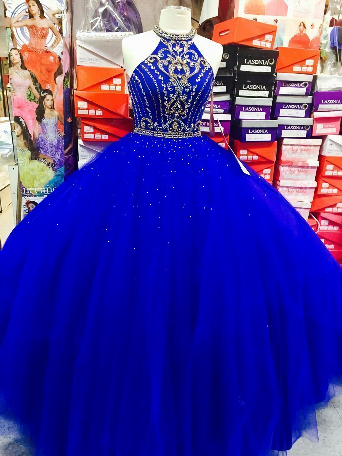 Party Dress Outfits, Royal Blue Halter Tulle Quinceanera Dresses, Elegant Ball Gown Prom Dresses, Sweet 16 Prom Dress