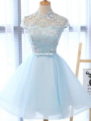 Wedding Photography, Chic Light Sky Blue Homecoming Dress, Tulle High Neck Homecoming Dress, Party Dress