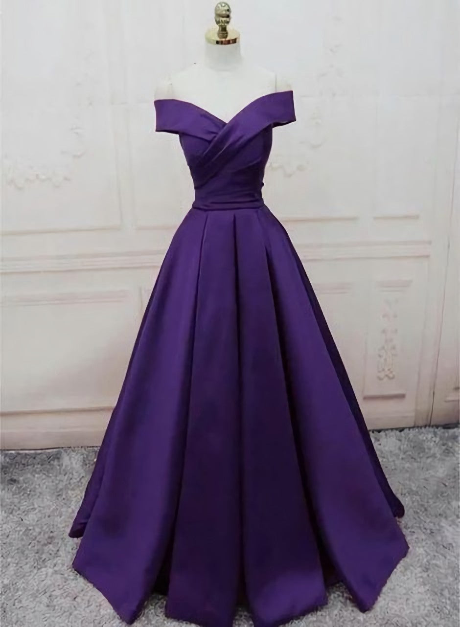 Party Dress Reception Wedding, Dark Purple Off Shoulder Satin Long Formal Gown Prom Dresses