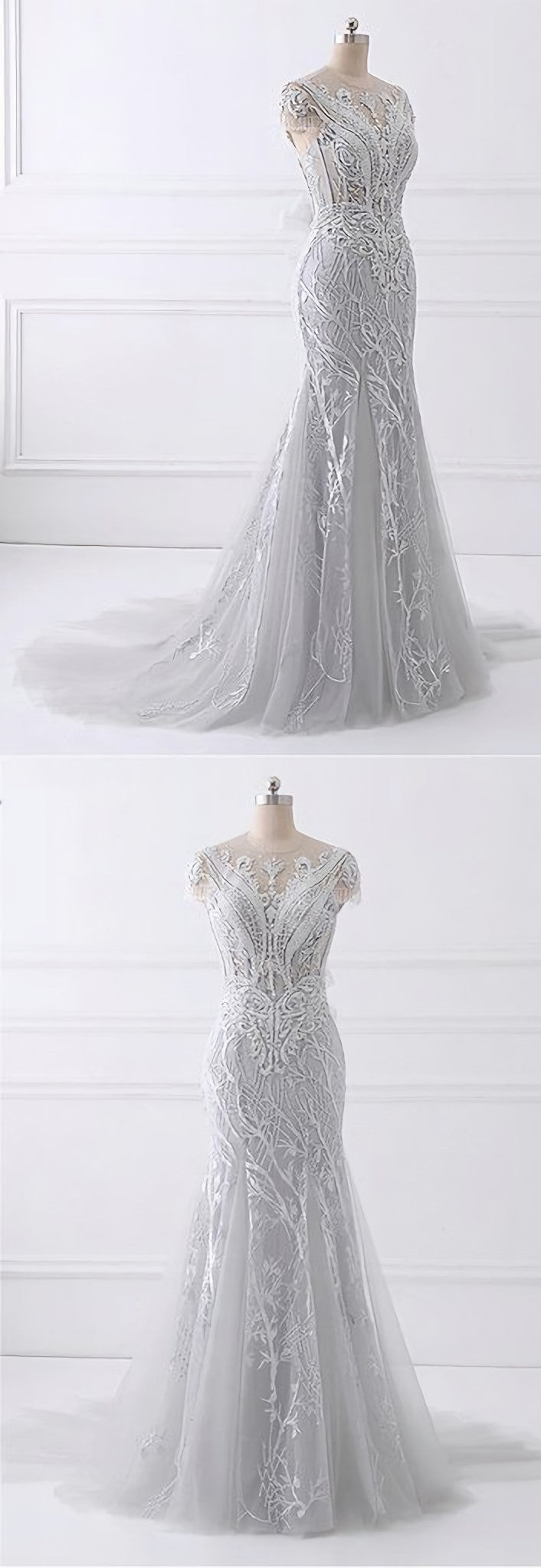 Party Dress Christmas, Spring Gray Tulle Long Mermaid Prom Dress, Beaded Lace Evening Gown