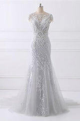 Party Dress Ideas For Winter, Spring Gray Tulle Long Mermaid Prom Dress, Beaded Lace Evening Gown