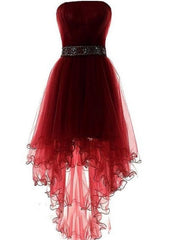 Elegant Wedding Dress, Wine Red Homecoming Dress, Burgundy High Low Party Dress, With Beadings