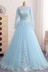 Party Dress Short Tight, Blue Lace Tulle Long Sleeve Beaded Formal Prom Dress