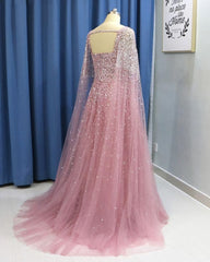 Party Dresses With Sleeves, Pink Tulle Open Back Long Sleeve Sequins Evening Dress, Formal Prom Dress