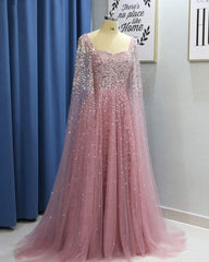 Party Dress Australia, Pink Tulle Open Back Long Sleeve Sequins Evening Dress, Formal Prom Dress