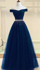 Party Dresses Styles, Tulle Prom Gown Off Shoulder Prom Dresses, Long Prom Dress, A Line Evening Dress