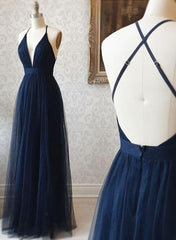 Party Dresses Website, A Line V Neck Navy Blue Backless Prom Dresses, Dark Navy Blue Backless Tulle Evening Formal Dresses