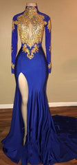 Party Dress Fall, Gorgeous Royal Blue Prom Dresses, Gold Appliques Side Slit Mermaid Evening Dresses_
