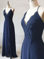 Party Dress Long, Spaghetti Straps Floor Length Navy Blue Lace Prom Dresses, Navy Blue Lace Formal Evening Bridesmaid Dresses