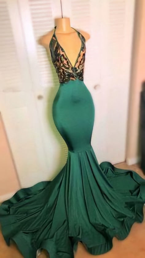 Party Dresses Designs, Pine Green Halter Plunging V Neck Sequin Court Long Train Mermaid Prom Dress
