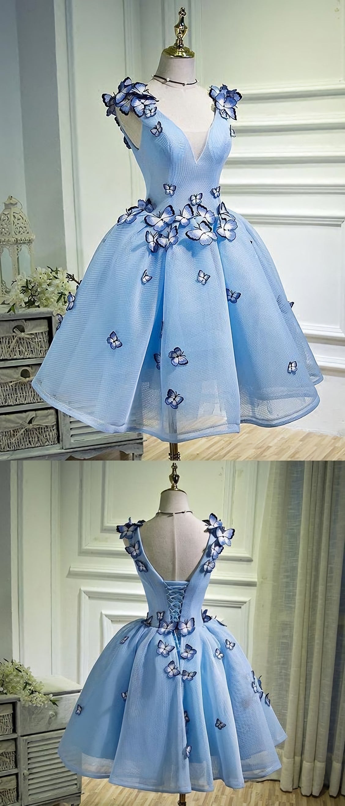 Country Wedding, Sky Blue Butterfly Short Homecoming Dress, Party Dresses