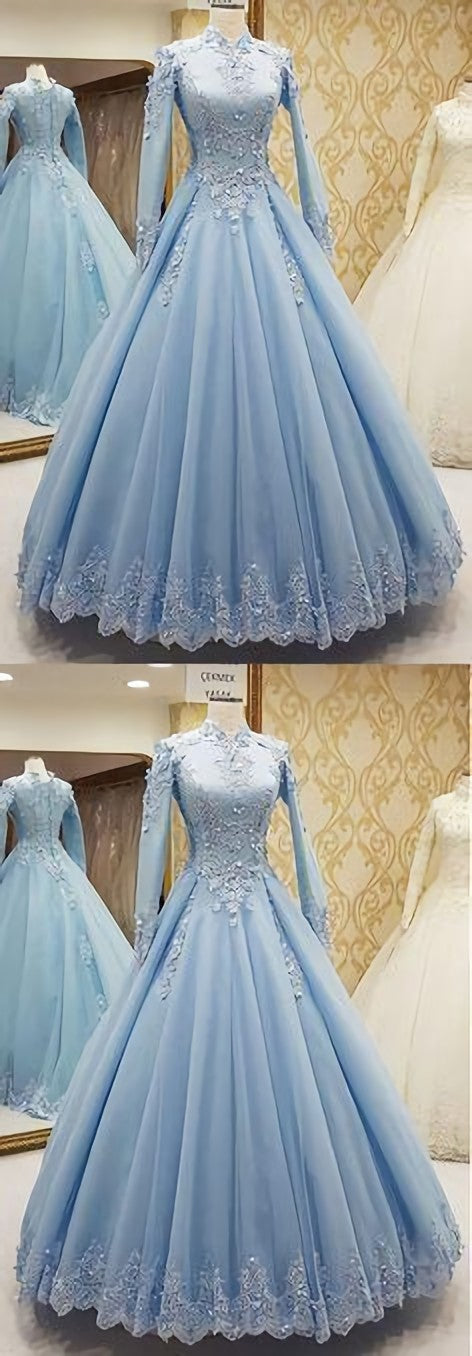Party Dress And Gown, Blue Tulle High Neck Customize Formal Evening Dress, With Long Sleeves