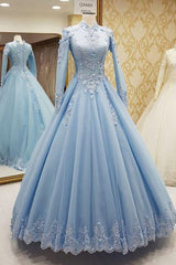 Party Dress Quick, Blue Tulle High Neck Customize Formal Evening Dress, With Long Sleeves
