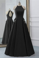 Party Dresses Europe, Simple Black Satin Open Back Long O Neck Prom Dress, Evening Dress