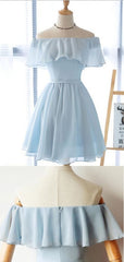 Bridesmaid Dress Dusty Blue, Simple Off The Shoulder Light Blue Chiffon A Line Short Homecoming Dress