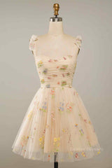 Homecoming Dress Stores, Champagne A-line Bow Tie Straps Pleated Applique Mini Homecoming Dress