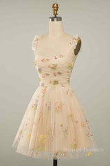 Homecoming Dresses Under 78, Champagne A-line Bow Tie Straps Pleated Applique Mini Homecoming Dress