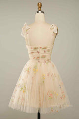 Homecoming Dress Under 78, Champagne A-line Bow Tie Straps Pleated Applique Mini Homecoming Dress