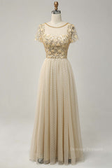 Evening Dress Prom, Champagne A-line Dot Appliques Illusion Neck Beaded Long Prom Dress