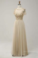 Evening Dresses Prom, Champagne A-line Dot Appliques Illusion Neck Beaded Long Prom Dress
