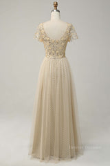 Evening Dresses And Gowns, Champagne A-line Dot Appliques Illusion Neck Beaded Long Prom Dress