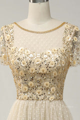 Evening Dresses Designer, Champagne A-line Dot Appliques Illusion Neck Beaded Long Prom Dress