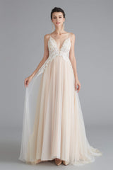 Spring Wedding, Champagne A-line Prom Dresses with Lace Top