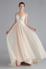 Beach Wedding Dress, Champagne A-line Prom Dresses with Lace Top