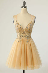Party Dress Bling, Champagne Beaded A-line Short Tulle Homecoming Dress