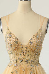 Party Dress Over 74, Champagne Beaded A-line Short Tulle Homecoming Dress