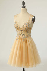 Party Dress Emerald Green, Champagne Beaded A-line Short Tulle Homecoming Dress