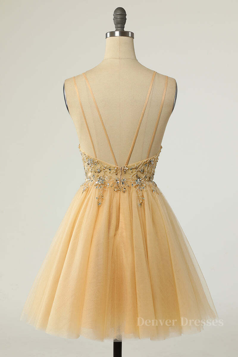 Party Dress Nye, Champagne Beaded A-line Short Tulle Homecoming Dress
