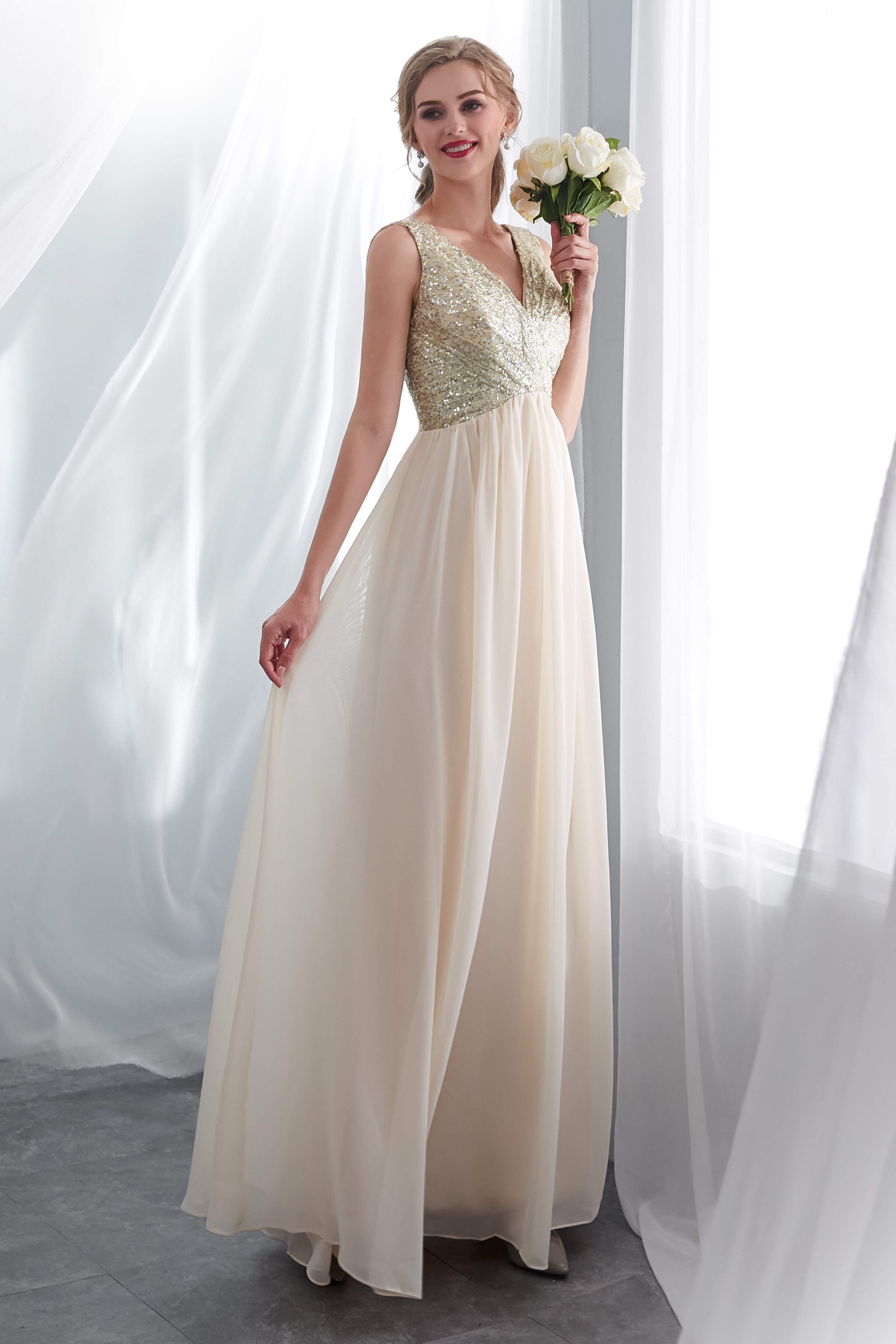 Gold Dress, Champagne Chiffon Backless Long Prom Dresses with Sequins
