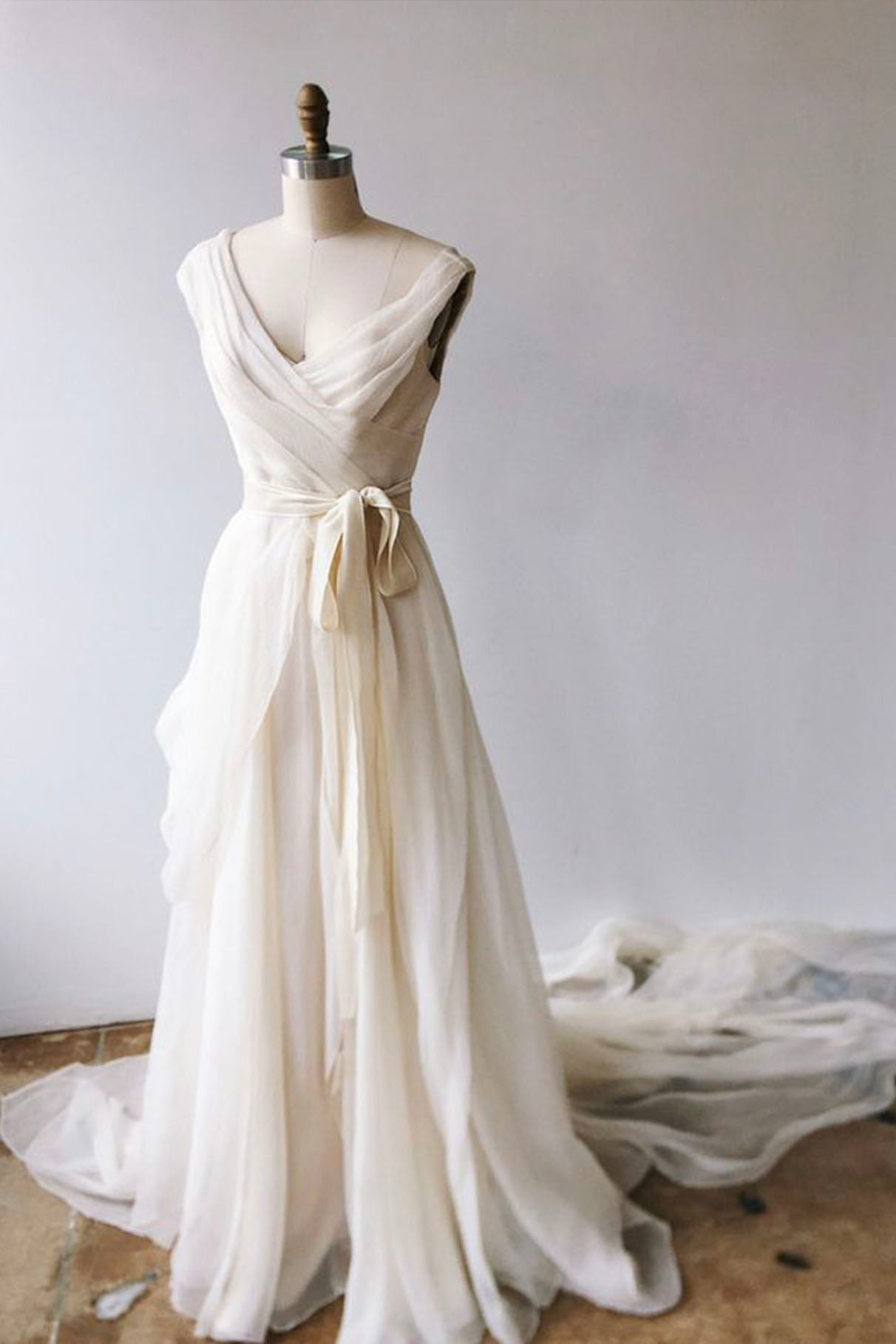Prom Dress 2014, Champagne Chiffon Long A-Line Prom Dress, Simple V-Neck Evening Dress