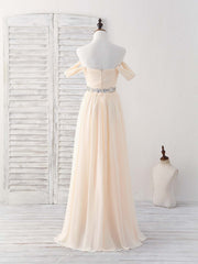 Formals Dresses Short, Champagne Chiffon Off Shoulder Long Prom Dress Bridesmaid Dress