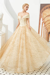 Party Dresses Stores, Champagne Gold Off-the-Shoulder Tulle Ball Gown Sequins Princess Prom Dresses for Girls