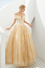 Party Dress Stores, Champagne Gold Off-the-Shoulder Tulle Ball Gown Sequins Princess Prom Dresses for Girls