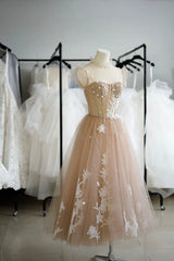 Prom Dresses Long Beautiful, Champagne Lace Short A-Line Prom Dress, Cute Homecoming Party Dress