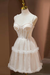 Evening Dress Designers, Champagne Lace Short Prom Dress, Spaghetti Straps Party Dress with Pearl