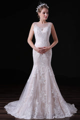 Wedding Dress With Color, Champagne Lace Tulle Mermaid Long Wedding Dresses
