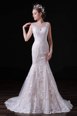 Wedding Dresses With Color, Champagne Lace Tulle Mermaid Long Wedding Dresses
