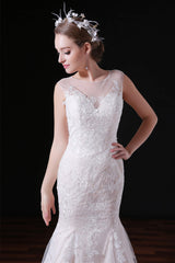 Wedding Dress Backless, Champagne Lace Tulle Mermaid Long Wedding Dresses
