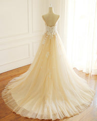 Wedding Dresses Rustic, Champagne Long A-line Sweetheart Tulle Spaghetti Sweep Train Wedding Dress