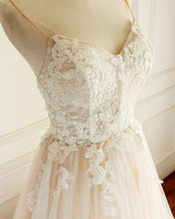 Wedding Dress Boutiques, Champagne Long A-line Sweetheart Tulle Spaghetti Sweep Train Wedding Dress
