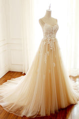 Wedding Dress Fitting, Champagne Long A-line Sweetheart Tulle Spaghetti Sweep Train Wedding Dress