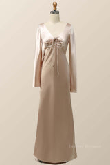 Prom Dressed Two Piece, Champagne Long Sleeves Keyhole Bridesmaid Dress