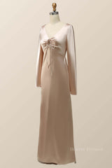 Prom Dress Two Pieces, Champagne Long Sleeves Keyhole Bridesmaid Dress