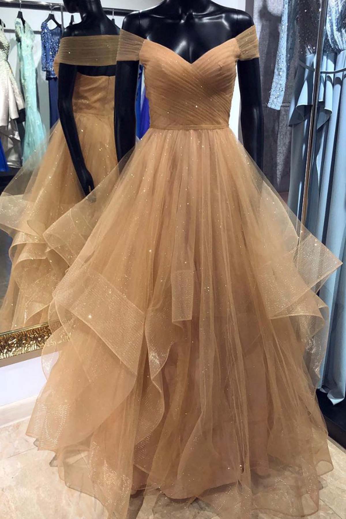 Party Dress Size 50, Champagne Off Shoulder Long Prom Dress with Layered Skirt