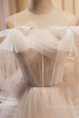 Formal Dress For Sale, Champagne Off-the-Shoulder Beaded Bows Ruffle Long Prom Dress